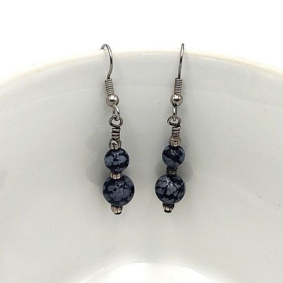 Hand Wired Snowflake Obsidian Bead Earrings - Picture 1 of 5